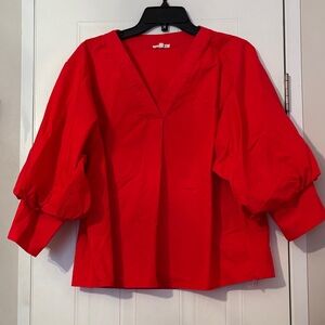 JODIFL Red V-Neck Balloon Sleeve Blouse